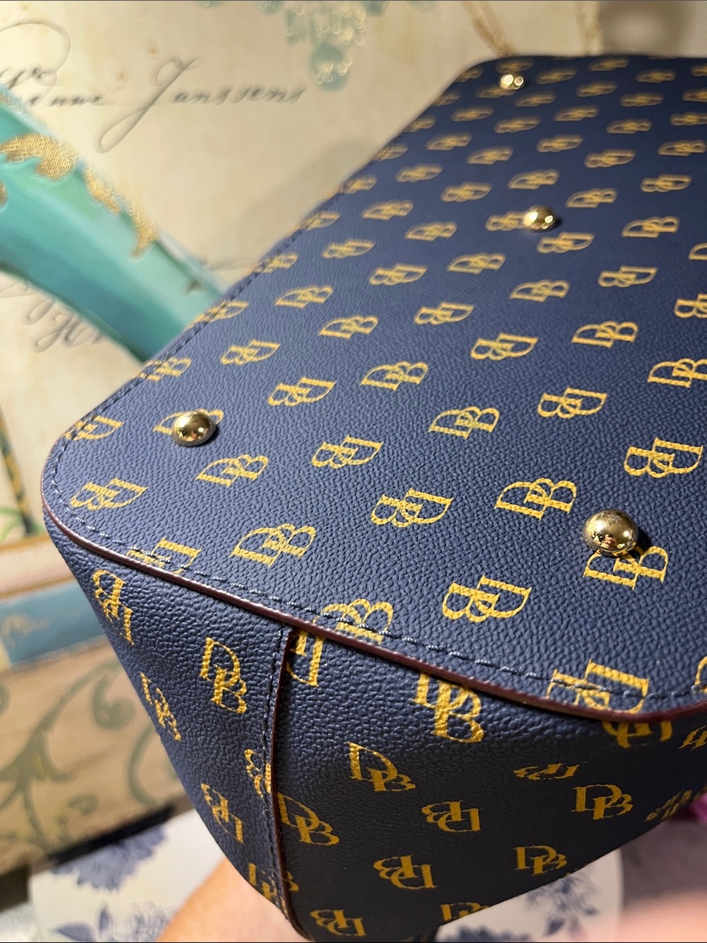Dooney & Bourke Navy Logo Satchel with Brown Leather Handles - Picture 11 of 13